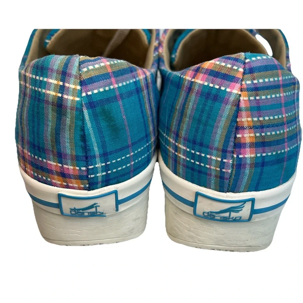 Dansko Women Veda Madras Blue/Pink Plaid Canvas Platform Sneakers 41/10.5-11